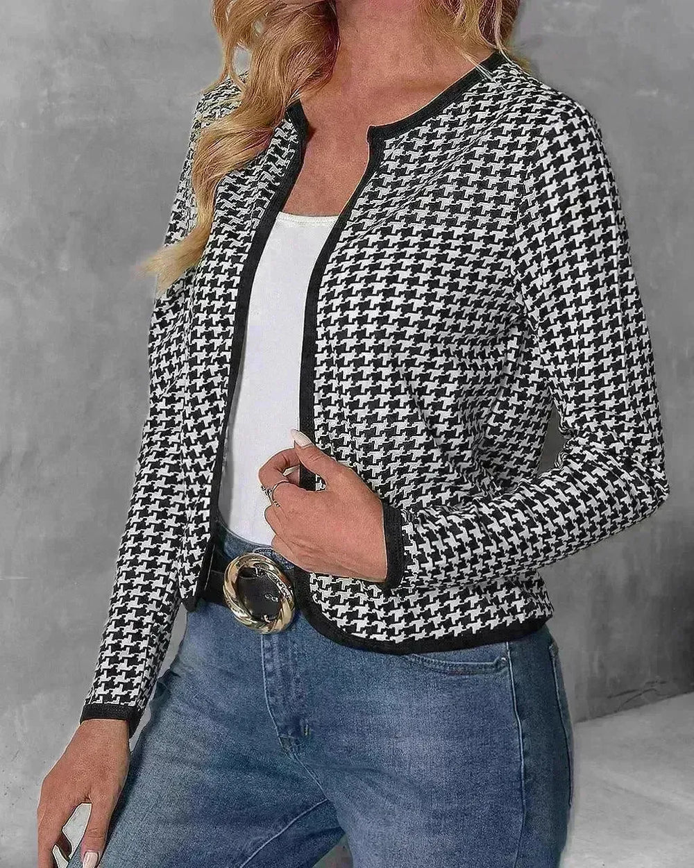 Casual Cardigan Long Sleeve Houndstooth Short Women's Coat - EX-STOCK CANADA