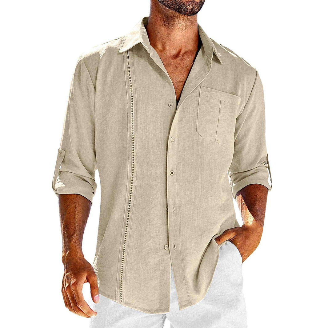 Casual Long Sleeve Shirt With Pocket Lace Polo Collar Solid Color Button Mens Clothing - EX-STOCK CANADA
