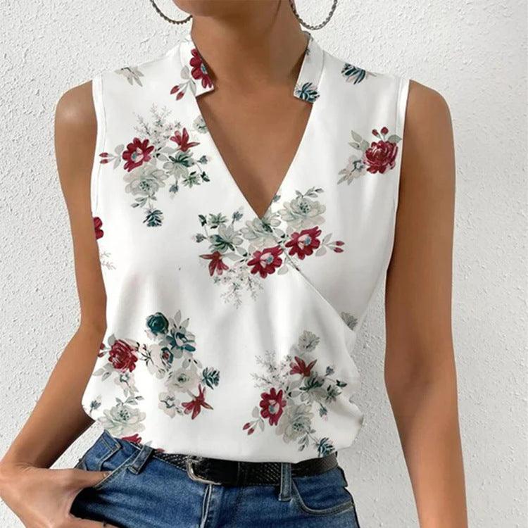 Casual Printed Tops Summer V-neck Sleeveless T-shirt Womens Clothing - EX-STOCK CANADA