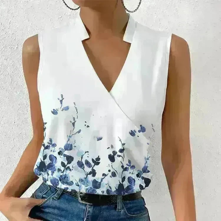 Casual Printed Tops Summer V-neck Sleeveless T-shirt Womens Clothing - EX-STOCK CANADA