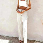 Casual Women's Button Color Elastic Waist Trousers Wide Leg Pants - EX-STOCK CANADA