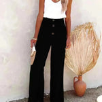 Casual Women's Button Color Elastic Waist Trousers Wide Leg Pants - EX-STOCK CANADA