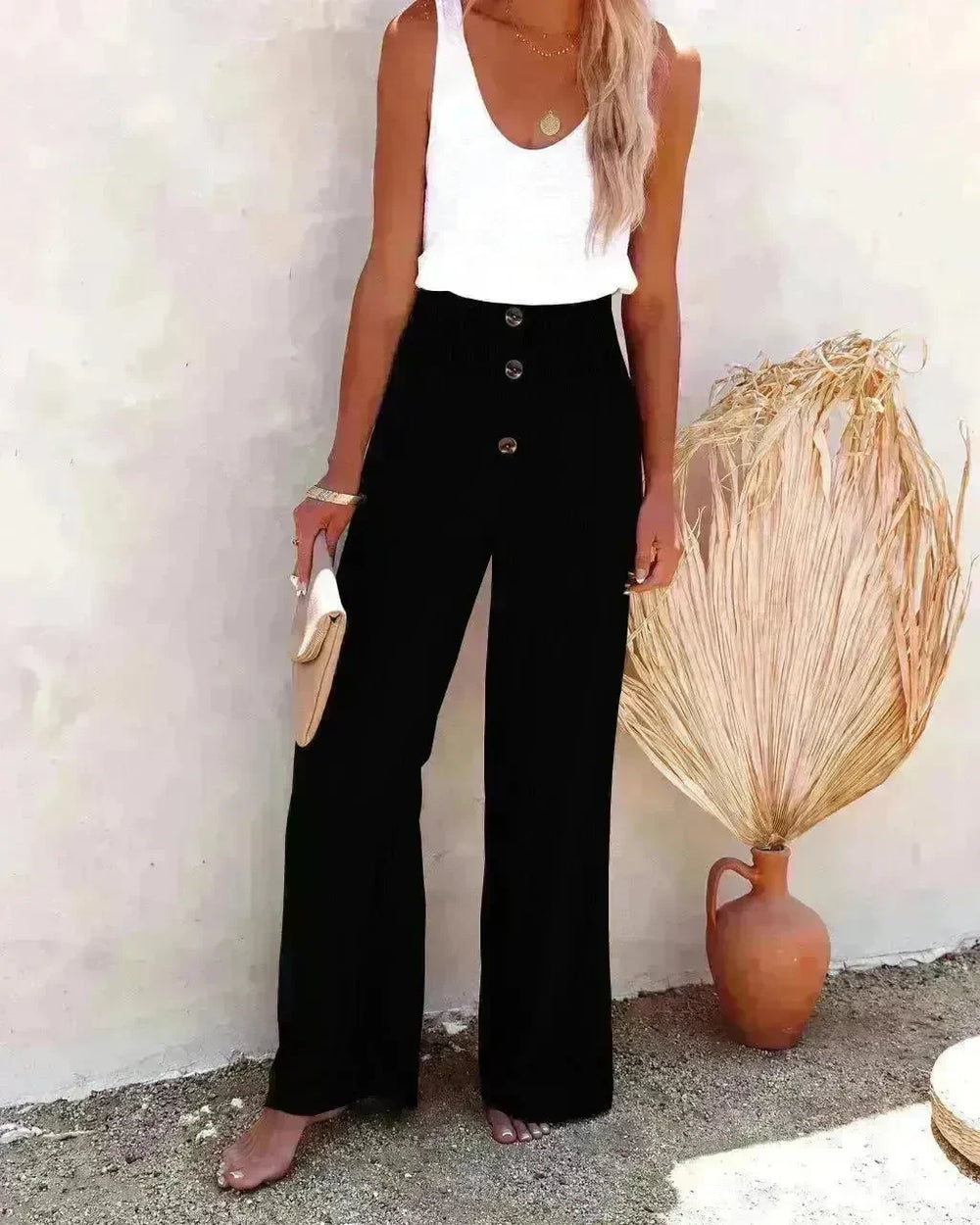 Casual Women's Button Color Elastic Waist Trousers Wide Leg Pants - EX-STOCK CANADA