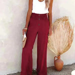 Casual Women's Button Color Elastic Waist Trousers Wide Leg Pants - EX-STOCK CANADA