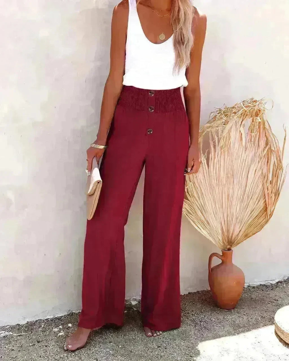 Casual Women's Button Color Elastic Waist Trousers Wide Leg Pants - EX-STOCK CANADA
