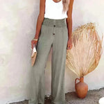 Casual Women's Button Color Elastic Waist Trousers Wide Leg Pants - EX-STOCK CANADA