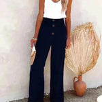 Casual Women's Button Color Elastic Waist Trousers Wide Leg Pants - EX-STOCK CANADA