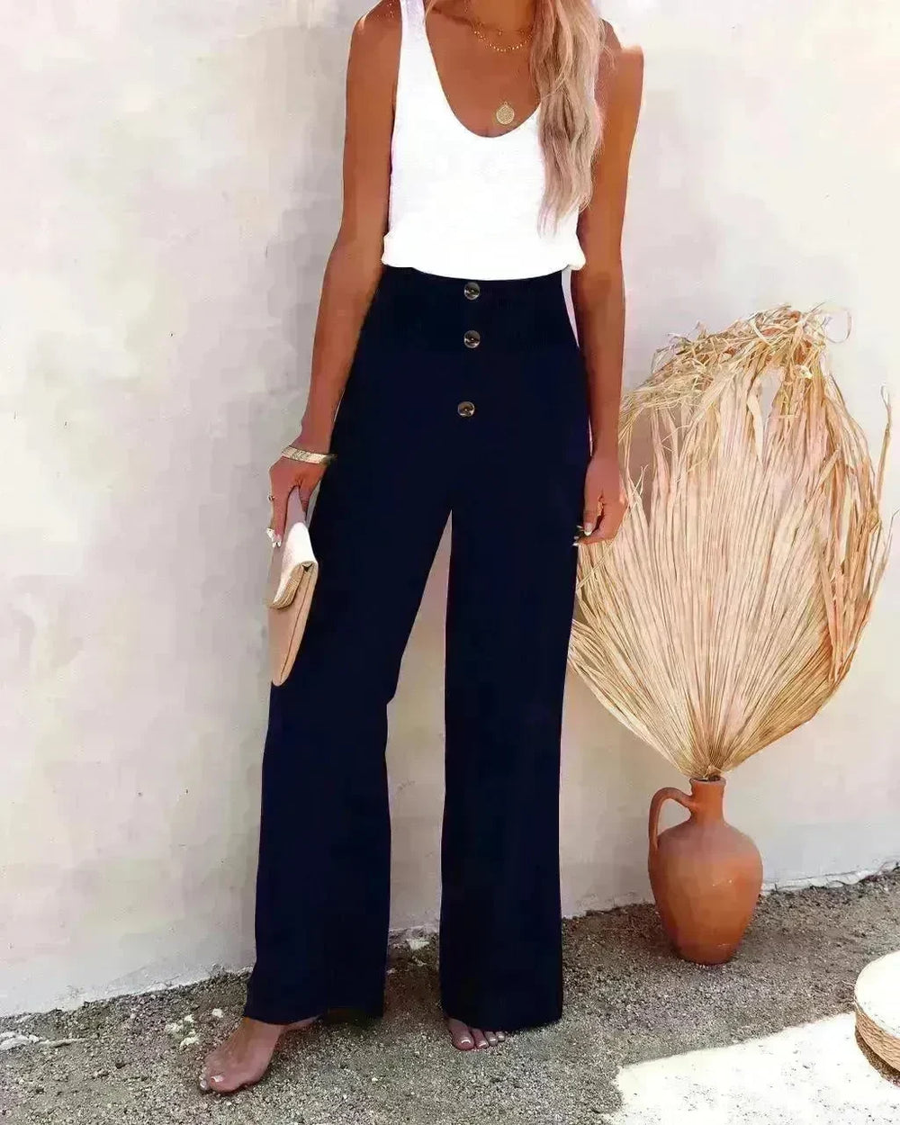 Casual Women's Button Color Elastic Waist Trousers Wide Leg Pants - EX-STOCK CANADA