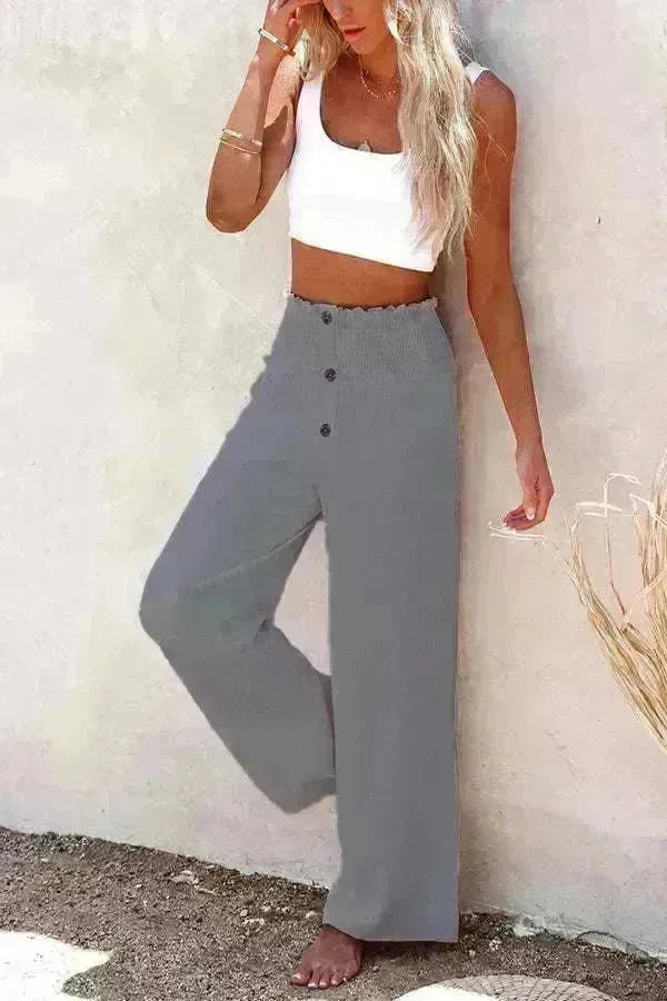 Casual Women's Button Color Elastic Waist Trousers Wide Leg Pants - EX-STOCK CANADA