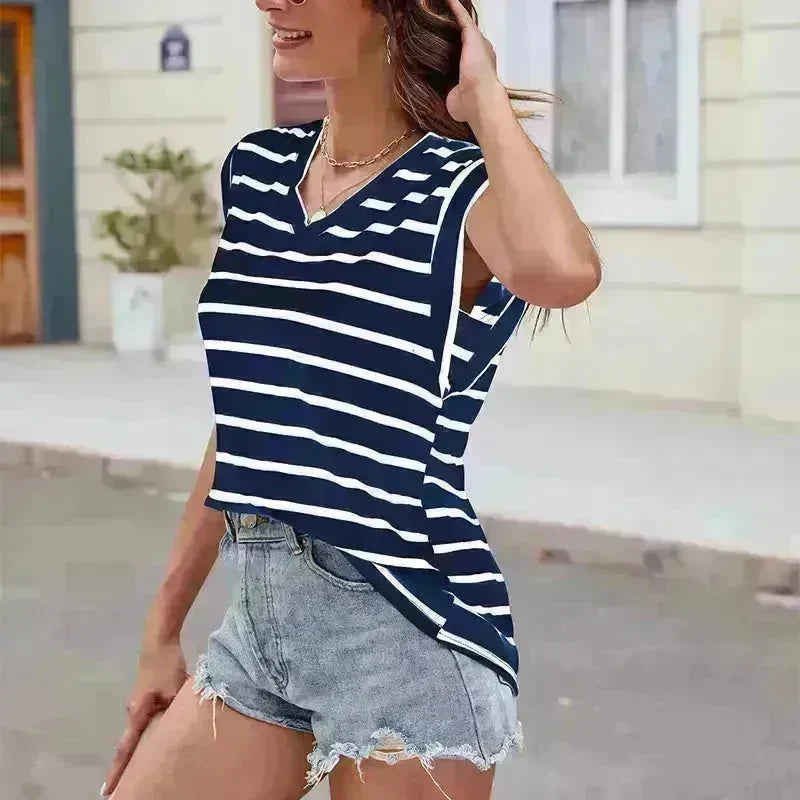 Fashion Stripe Print V-neck Short-sleeved T-Shirt Summer Loose Casual top for Women - EX-STOCK CANADA