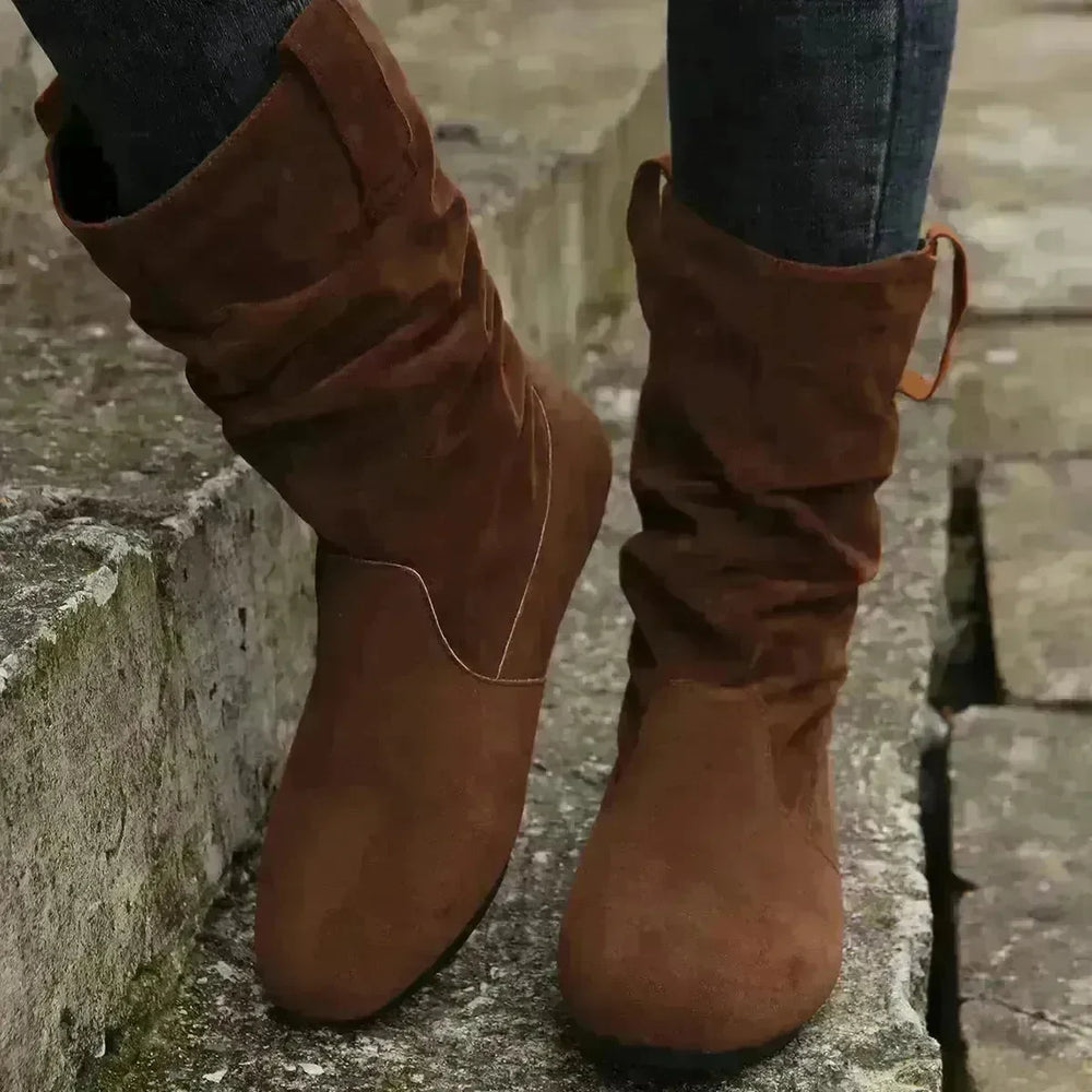 Round Toe Flat Boots Fashion Solid Color Suede Mid-calf Boot Winter Warm Shoes For Women - EX-STOCK CANADA