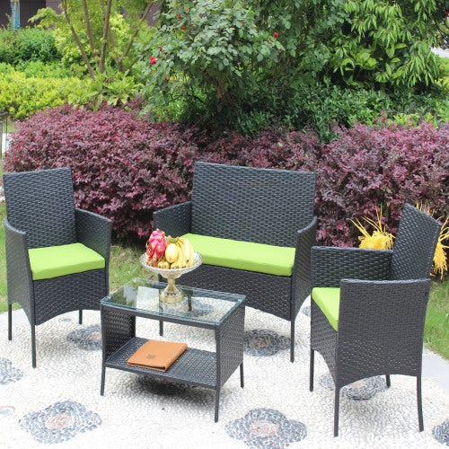 4 PC Rattan Patio Furniture Set Outdoor Patio Cushioned Seat Wicker Sofa Green Cushion EX-STOCK Canada 