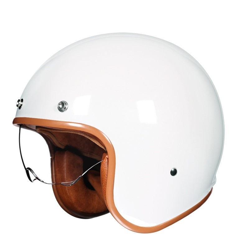 White helmet with brown leather chin strap on a white background