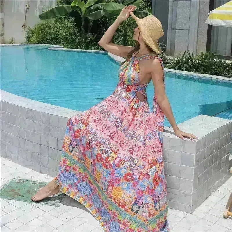 Casual Women's Floral Style Large Hem Cross Open Back Dress - EX-STOCK CANADA
