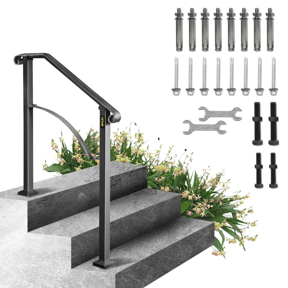 Handrails For Outdoor Steps, Fit 2 Or 3 Steps Outdoor Stair Railing, Arch 2 Wrought Iron Handrail, Flexible Porch Railing, Black Transitional Handrails For Concrete Steps Or Wooden Stairs EX-STOCK