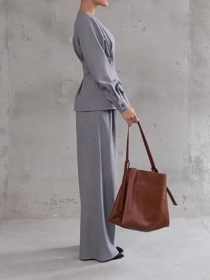 Women's gray two-piece workwear pants set