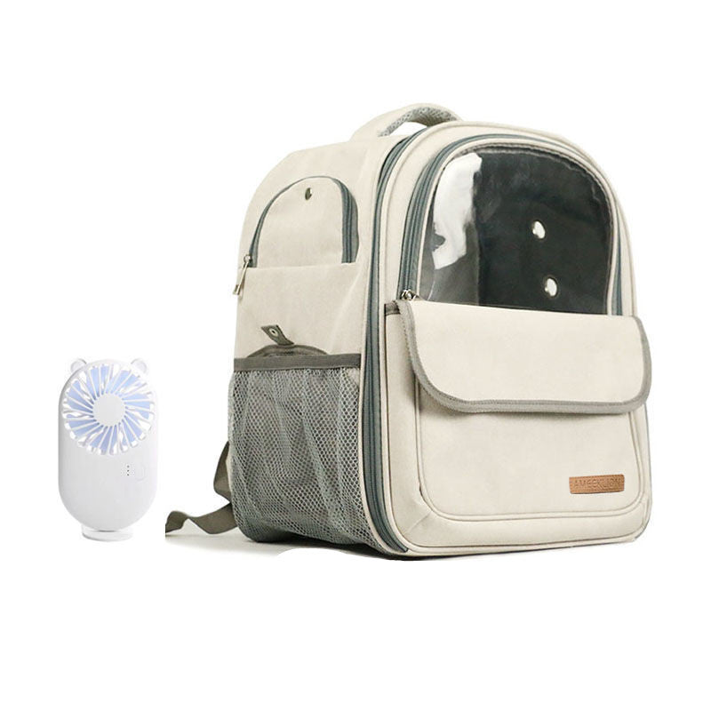 Pet carrier backpack with a small fan on a white background