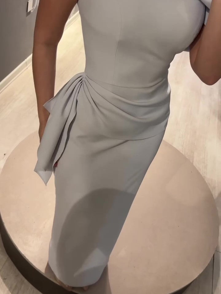 Women's One-Shoulder Sleeveless Maxi Dress – Draped Ruffle Waist | Slim Fit Elegant Party Gown | White & Grey | XS–XL 2