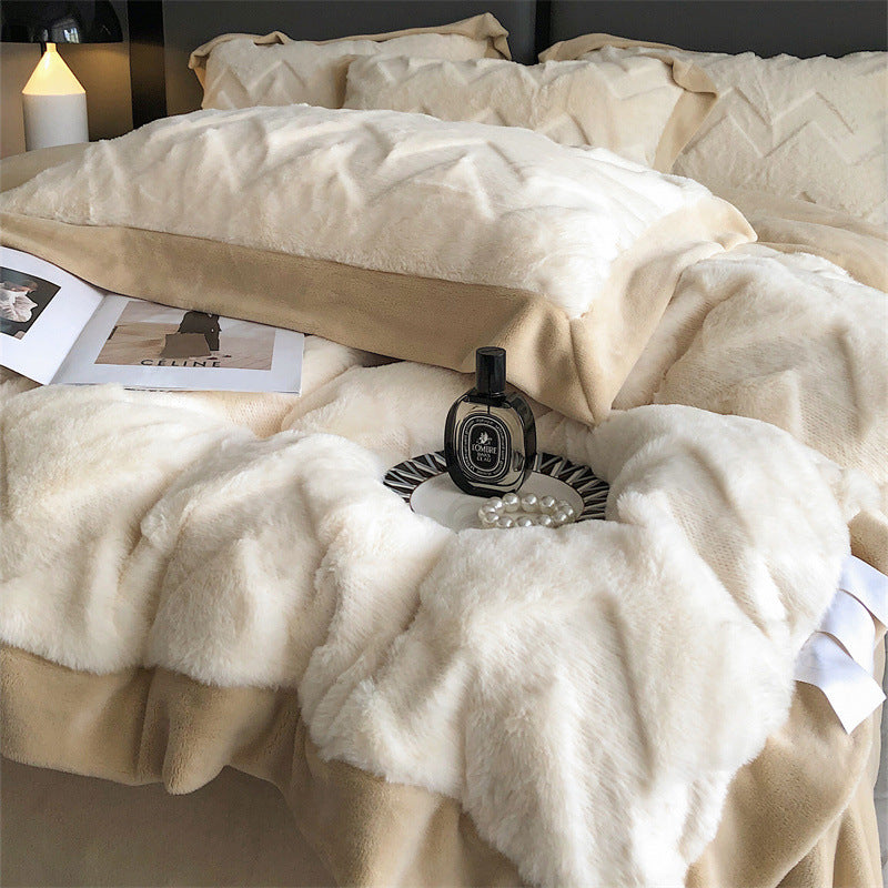 A Four Piece Set Of Rabbit Hair And Milk Velvet Duvet Cover On A Baby Plush Bed EX-STOCK Canada 