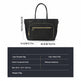 Black shoulder bag with measurements and product details on a white background