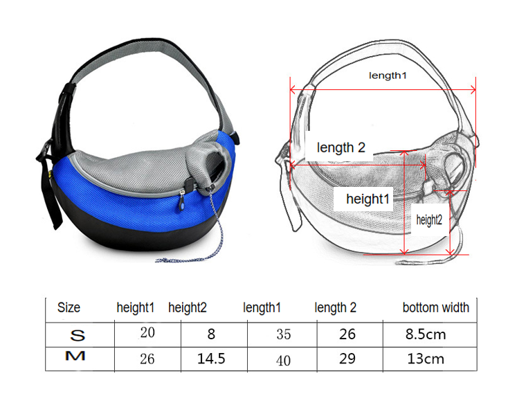 Blue and gray pet carrier with measurements on a white background