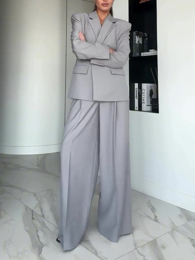 Women's Grey Single-Button Blazer & Wide-Leg Pants Suit – 2-Piece Office Set | Sizes XS–XL
