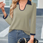 Casual Color Matching Lapel Long Sleeve Blouse Top Women