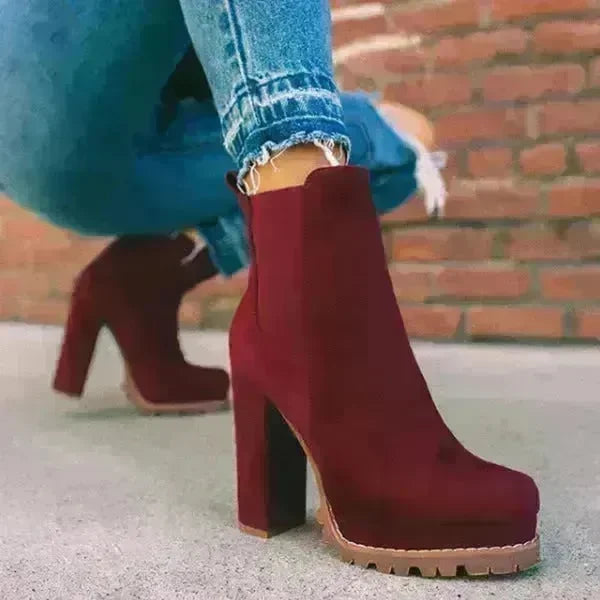 Round-toe Ankle Boots Solid Leopard Print Thick Square High Heel Shoes Ladies Casual Fashion Autumn Winter Suede Dress Party Boots - EX-STOCK CANADA