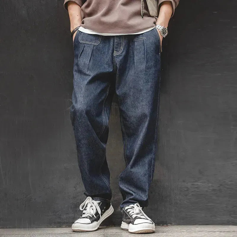 Vintage Denim Washed Elastic Waist Loose Jeans Cityboy Wide Leg Tapered Pants Men