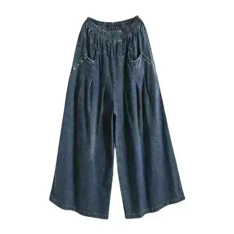 Wide-leg Baggy Jeans Pant Elastic Waist Washed Wear-white Loose Slimming And All-matching Trousers For Women - EX-STOCK CANADA
