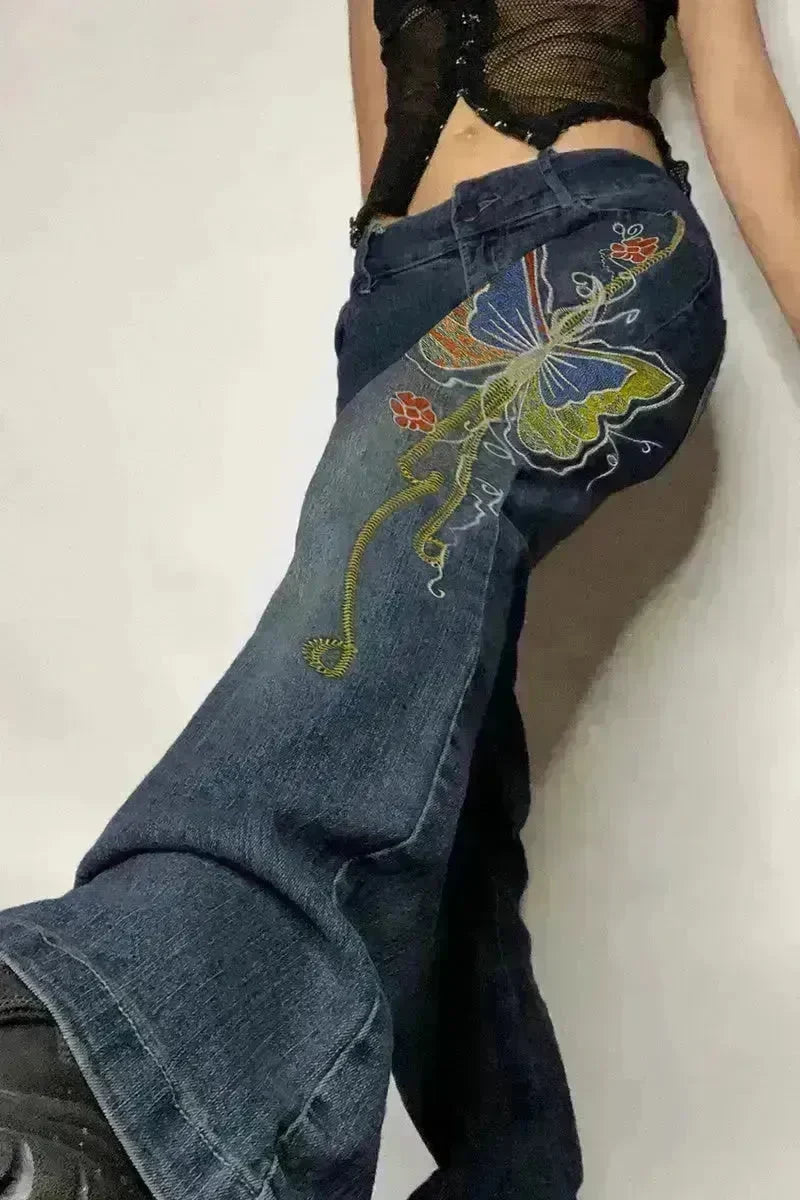 Fashion Women's Sexy High Waist Retro Individual Butterfly Print Bootcut Jeans - EX-STOCK CANADA
