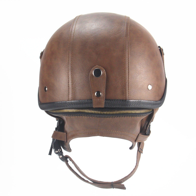 Retro Half-Face Leather Motorcycle Helmet – Black & Brown, S–XL