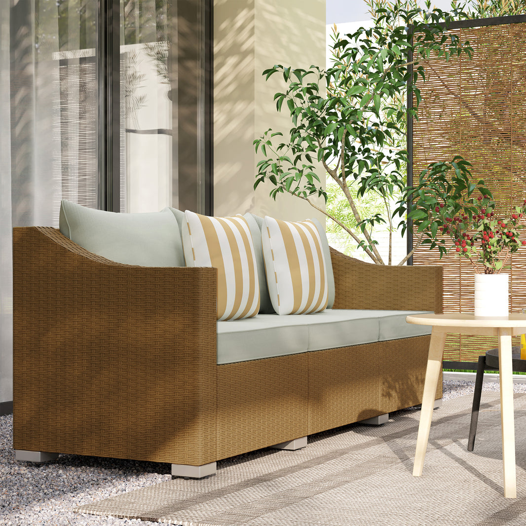 Rattan Wicker 3 Seater Patio Couch With Cushions, 2 Throw Pillows, Outdoor Furniture Rattan Sofa, Light Gray EX-STOCK Canada 