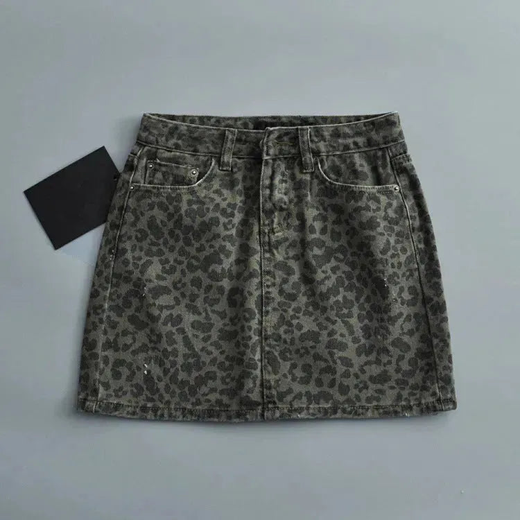Leopard Print Mini Denim Skirt Women's High Waist Pencil Skirt - EX-STOCK CANADA