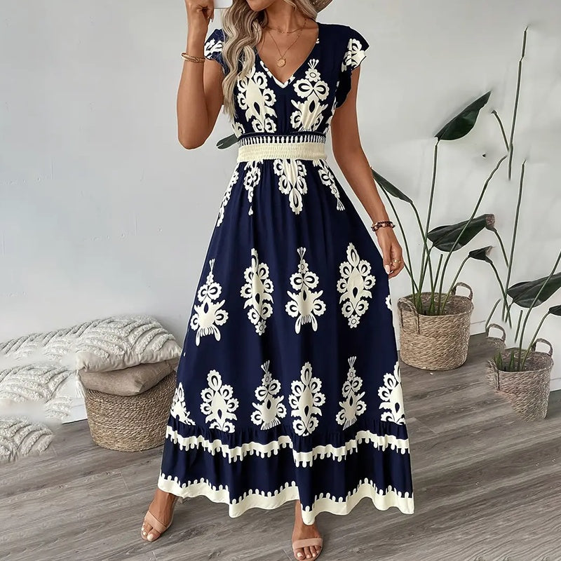 Women's Summer Flowy Maxi Dress Casual Cap Sleeve V Neck Smocked Waist Beach Sundress EX-STOCK