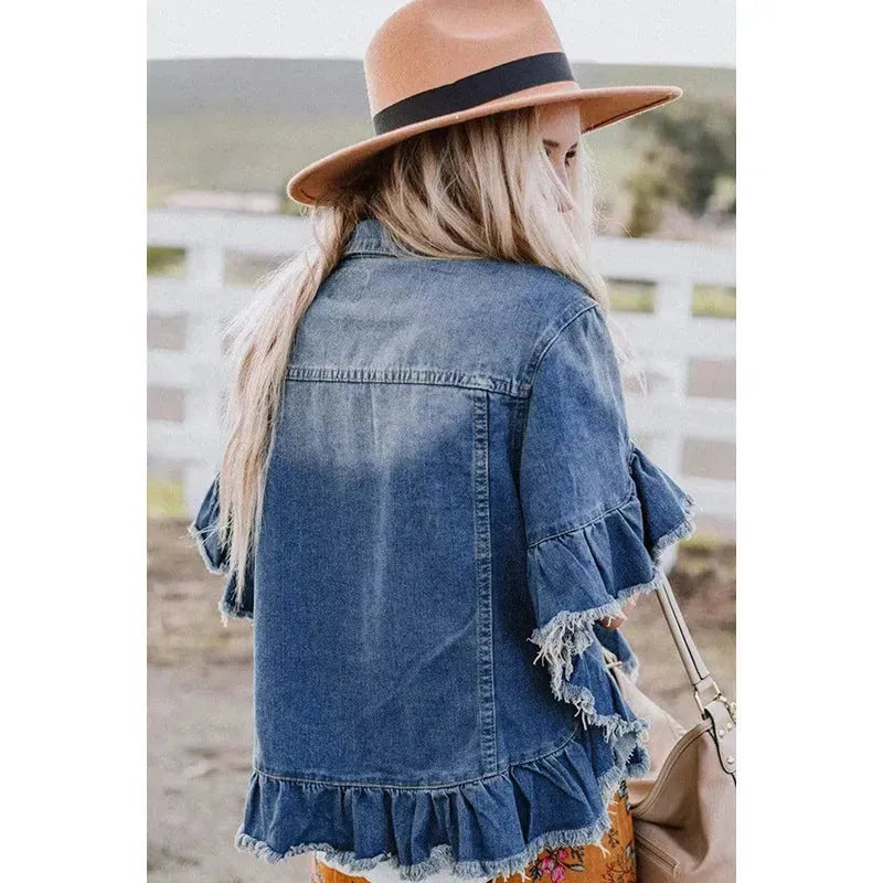 Ruffled Short Sleeves Tops For Women Loose Denim Jacket - EX-STOCK CANADA