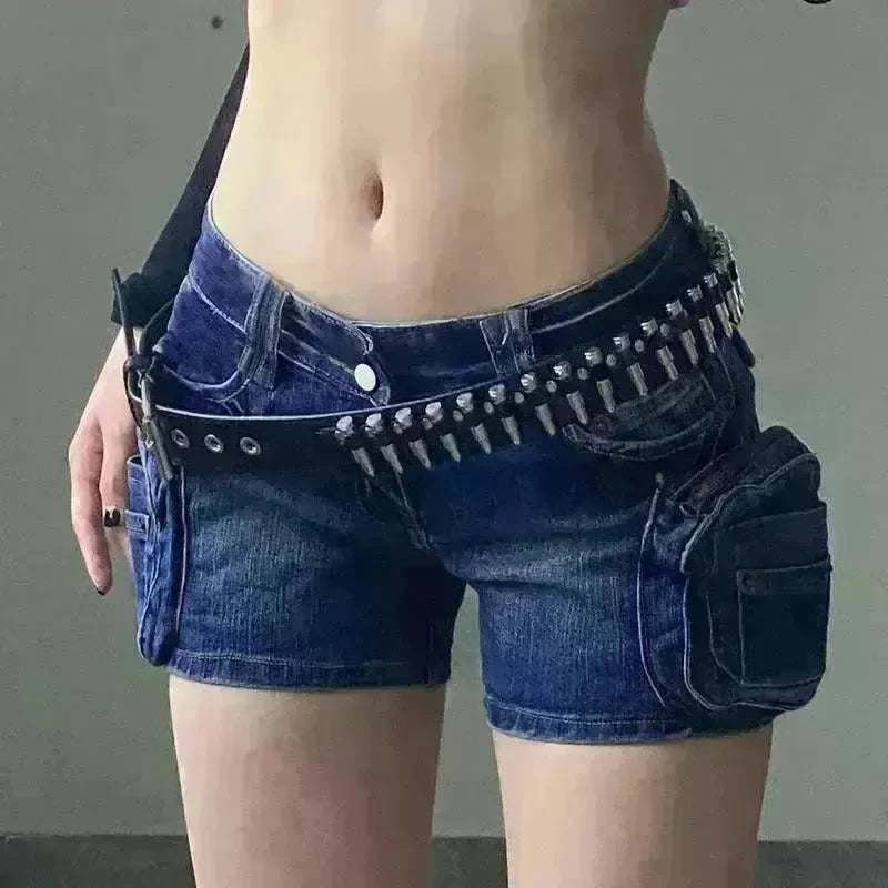 Street Washed Dark Blue Three-dimensional Pocket Splicing Low Waist Tight Hip Hot Girls Fried Street Hot Pants Super Short Jeans - EX-STOCK CANADA