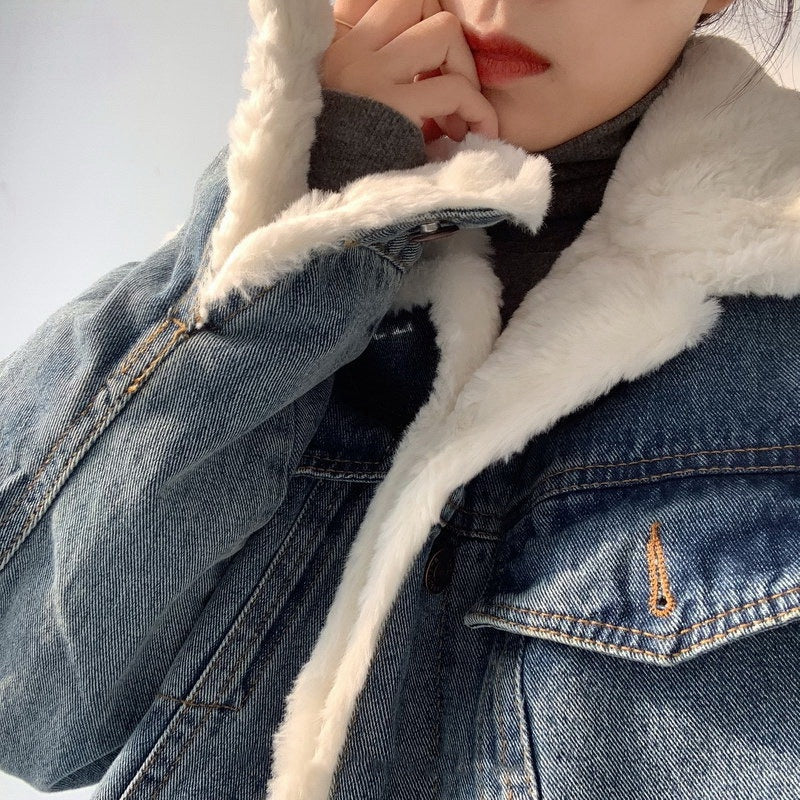 Plush Thick Lamb Wool Denim Jacket Women Short EX-STOCK Canada 