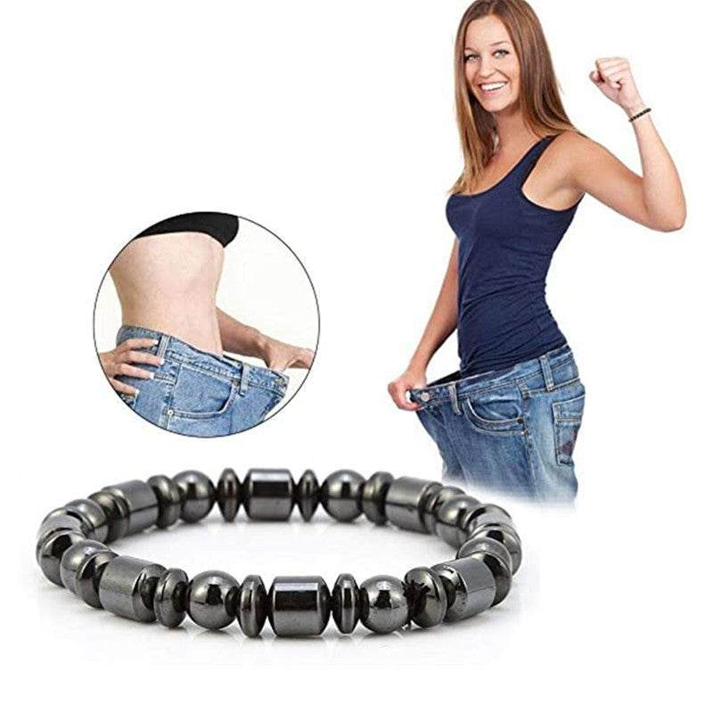 Woman wearing a blue tank top and jeans, with an inset showing a close-up of her leg, next to a black beaded bracelet on a white background.