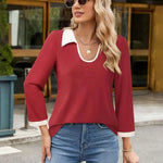 Casual Color Matching Lapel Long Sleeve Blouse Top Women