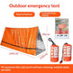 An orange emergency tent with silver aluminum lining, shown with dimensions labeled 240cm by 150cm by 90cm, alongside its packaging and a rolled version with a carrying strap. The image includes marketing text such as 'Outdoor emergency tent' and 'Source factory'.