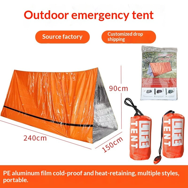 An orange emergency tent with silver aluminum lining, shown with dimensions labeled 240cm by 150cm by 90cm, alongside its packaging and a rolled version with a carrying strap. The image includes marketing text such as 'Outdoor emergency tent' and 'Source factory'.