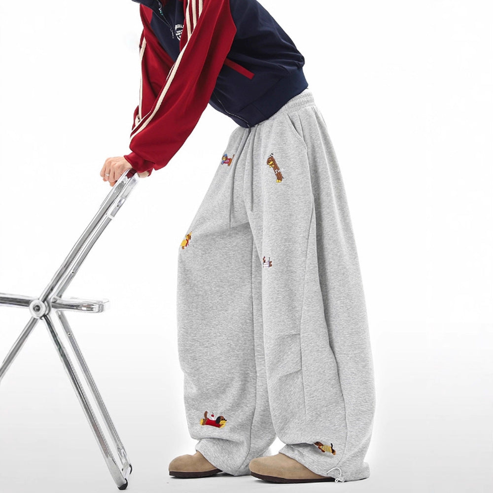 Lazy  Sausage Dog Embroidered Machete Sweatpants Autumn Loose Casual 