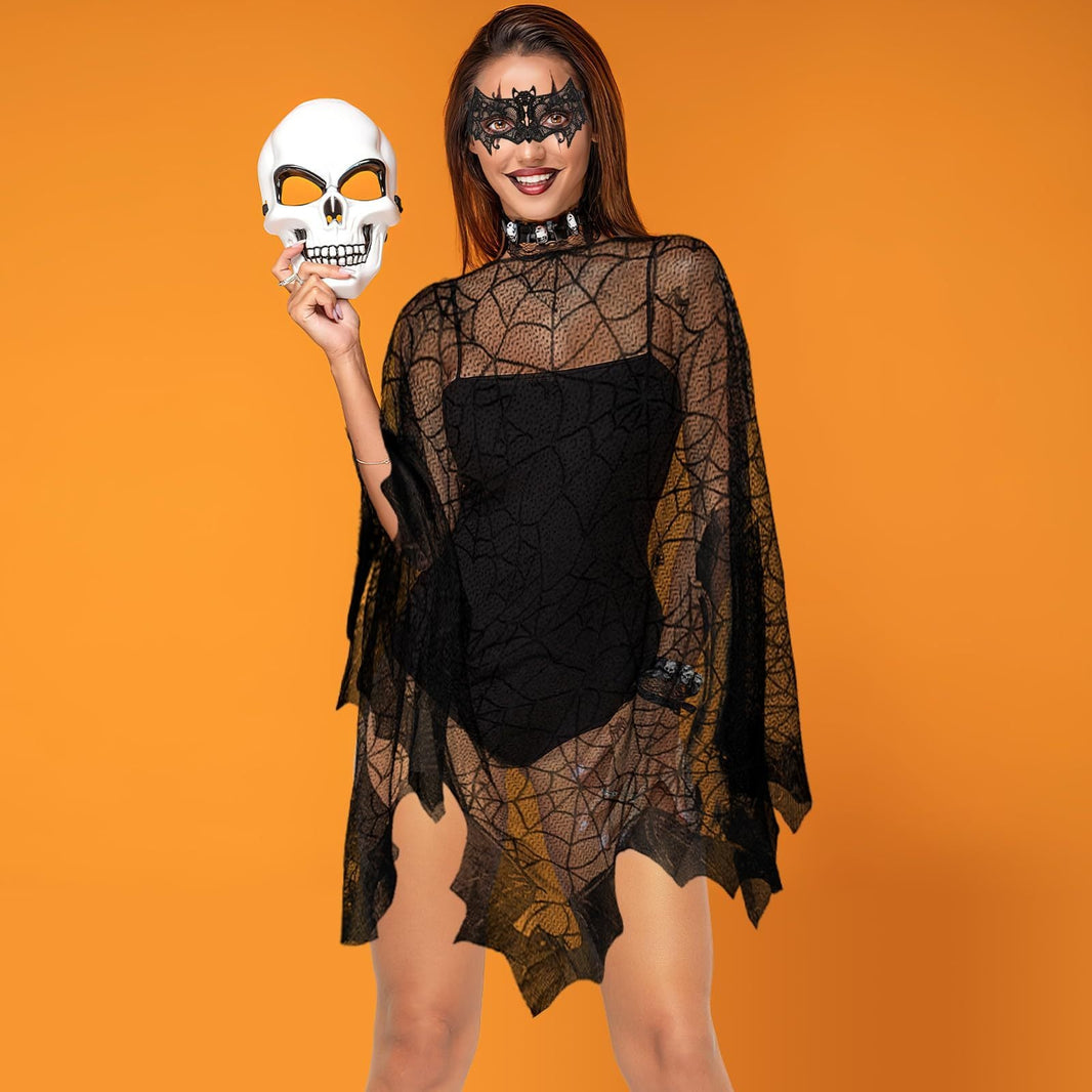 2 Pcs Halloween Poncho For Women Black Bat Spider Web Poncho And Lace Mask Masquerade Mask Halloween Party Cosplay Costume Accessory Day Of The Dead Costume,Cannot Be Listed On Amazon Platform EX-STOCK
