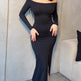 Women's Off-Shoulder Bodycon Maxi Dress – Long Sleeve Side Slit | Slim Fit Elegant Party Dress | Black | XS–XL