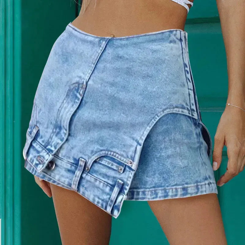 Short Irregular Solid Color Women's Denim High Street Mini Skirt Skort - EX-STOCK CANADA