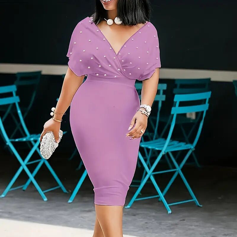 Women's Back Zipper dress Elegant Deep V Neck Wrap Bodycon Dress Pencil Midi Dress EX-STOCK