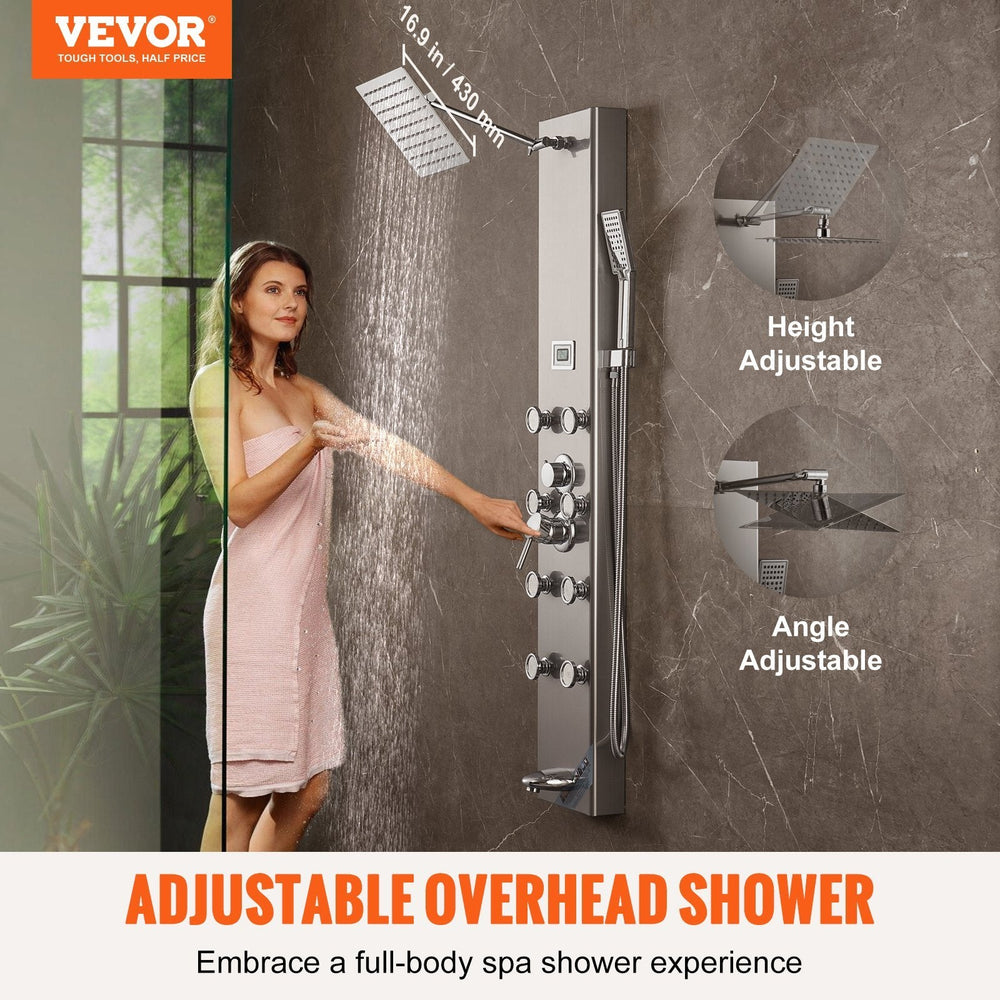Shower Panel System, 5 Shower Modes, Digital Display Shower Panel Tower, Rainfall, 8 Massage Jets, Tub Spout, 3-Setting Handheld Shower Head 59 Hose, Stainless Steel Wall-Mounted Shower Set EX-STOCK