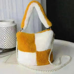 Checkerboard Plush Bucket Bag With Pearl Chain - EX-STOCK CANADA