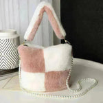 Checkerboard Plush Bucket Bag With Pearl Chain - EX-STOCK CANADA